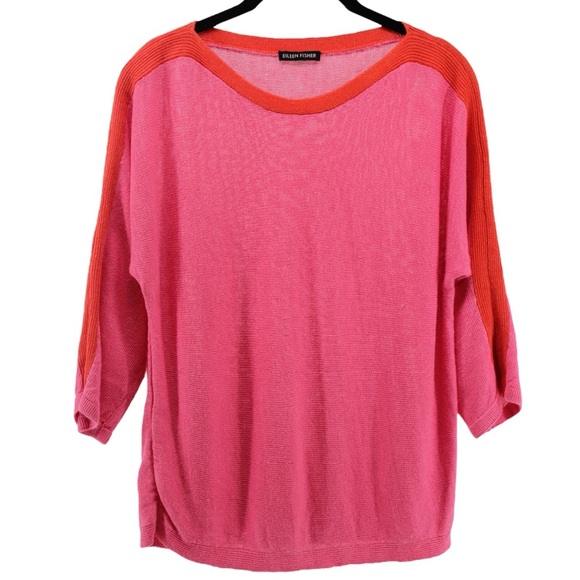Eileen Fisher Bateau Neck Organic Linen Colorblock Top Coastal Holiday Fun S - Picture 2 of 7